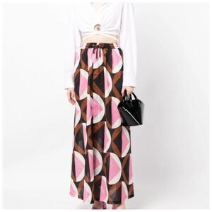 Cynthia Rowley Graphic Print high Waist Maxi Skirt XS 325 Brown Pink Combo